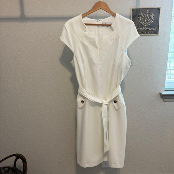 Women's Kasper Cream Short Sleeve Tie Waist Dress With Pockets Size 18 NEW - Picture 1 of 12